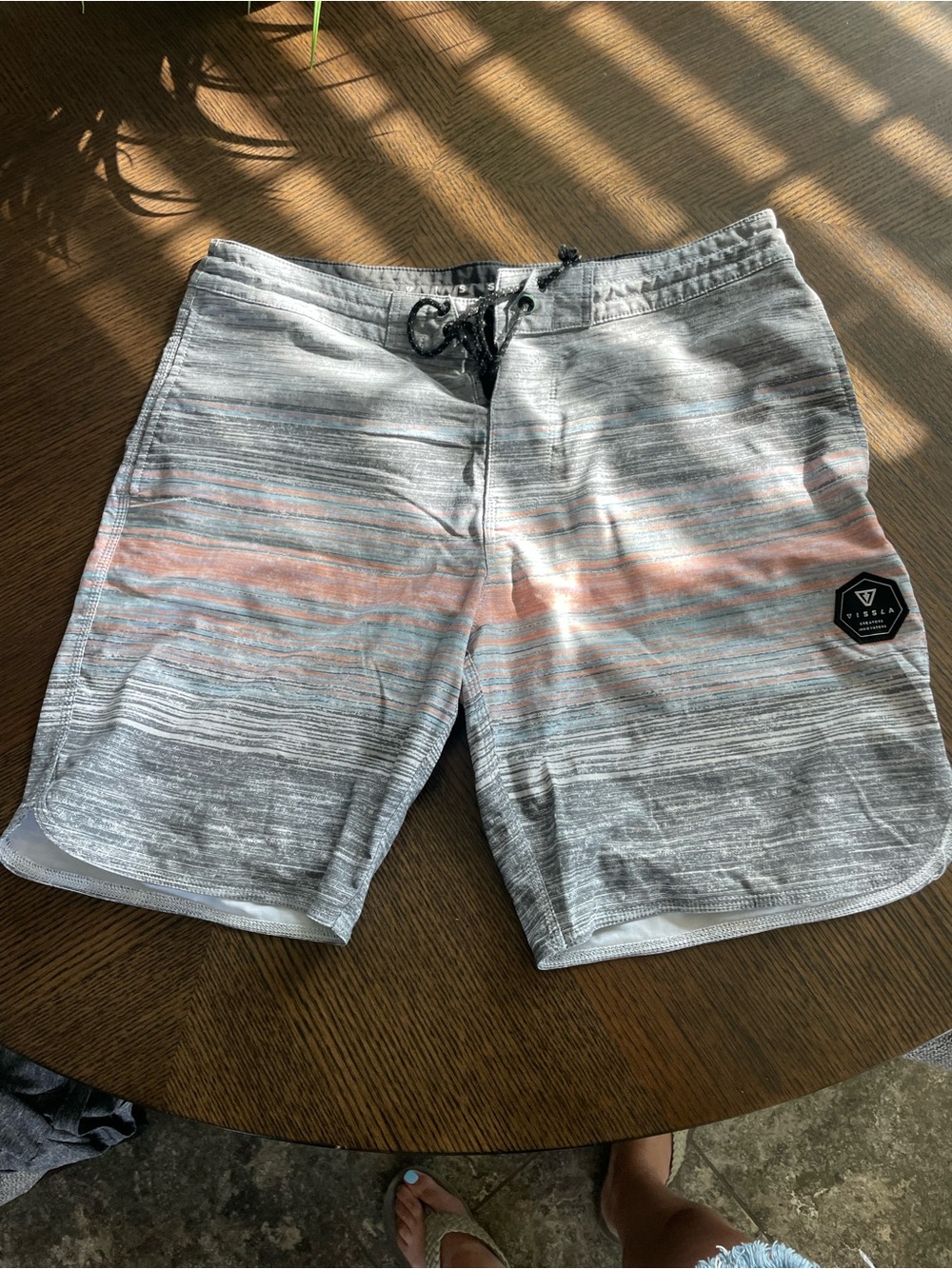 VISSLA Gray Swim Board Shorts with Faded Peach Stripe